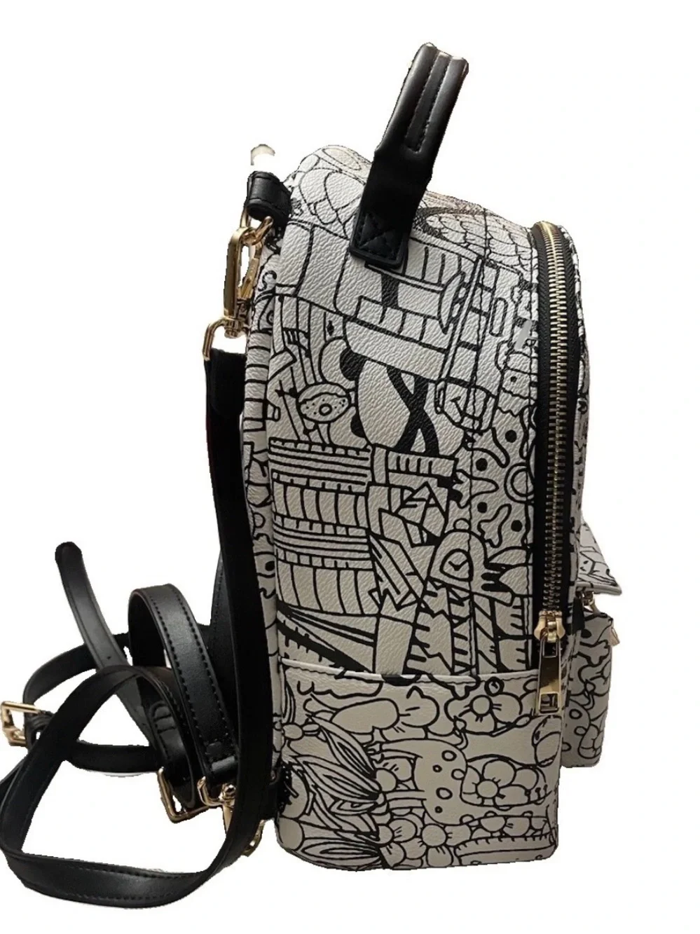 The Moon and Penny Doodle Graphic Print Mini Backpack - Black & White